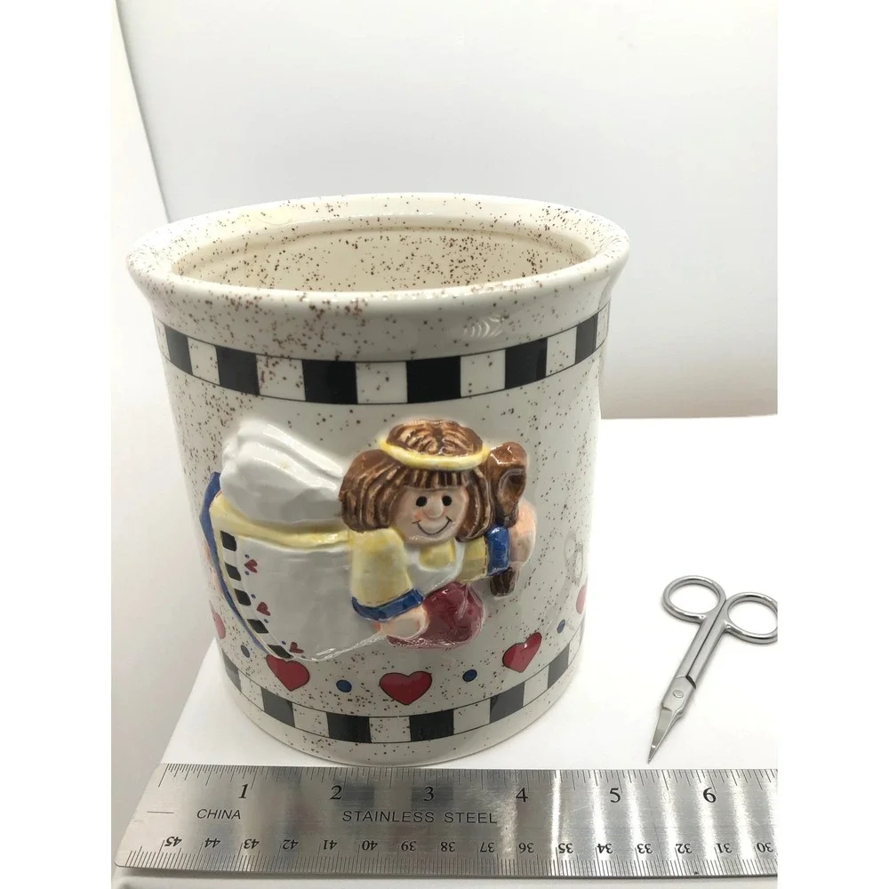Vintage Ceramic Angel Baking Utensil Crock Heart Checkered Farmhouse Canister